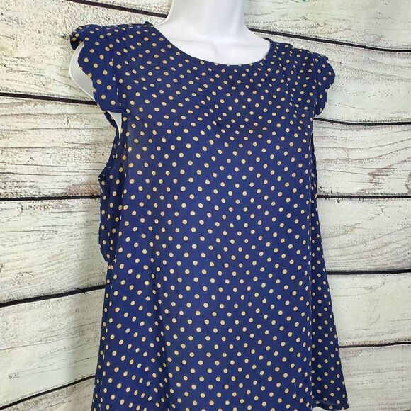 Papermoon Women’s Navy Blue Polka Dot Ruffle Sleeve Blouse Size S Keyhole Back - Picture 2 of 8